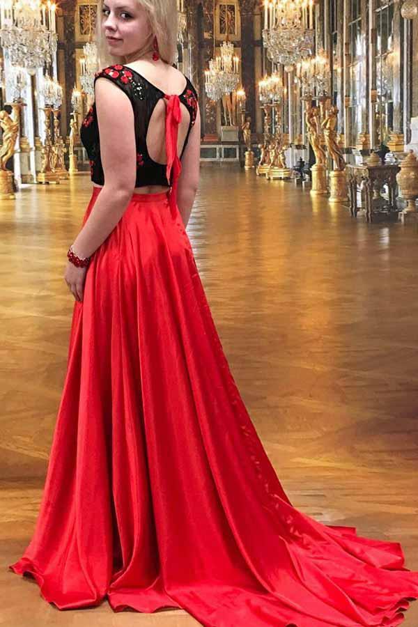 Two Piece Round Neck Red Satin Prom Dress with Lace Appliques PG590 - Pgmdress