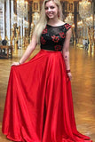 Two Piece Round Neck Red Satin Prom Dress with Lace Appliques PG590 - Pgmdress