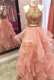 Two Piece Round Neck Tiered Pink Open Back Prom Dress with Appliques PG454 - Pgmdress