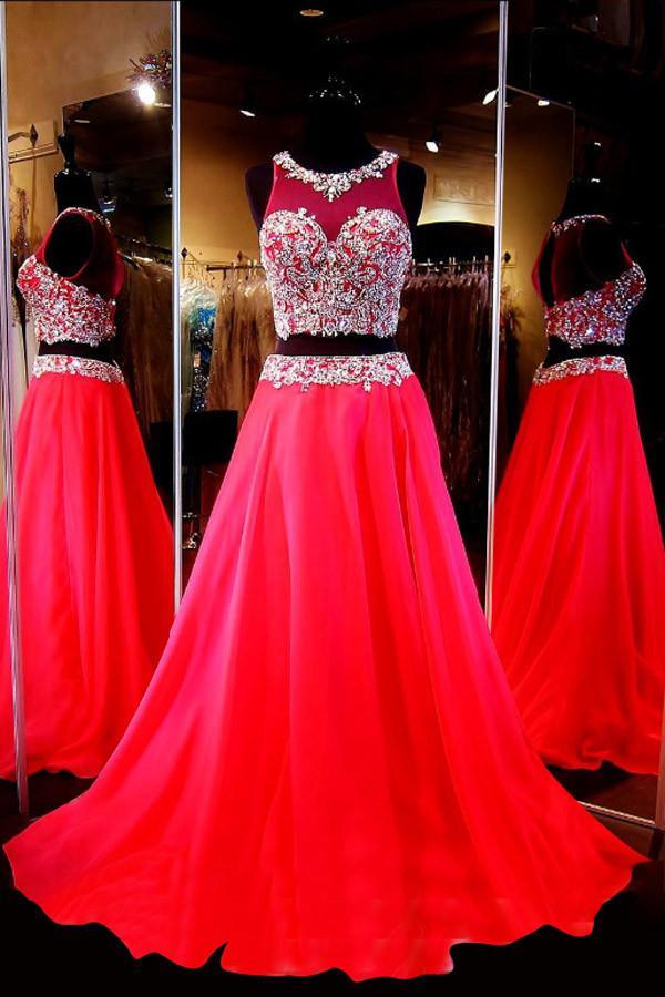 Two Piece Scoop Sleeveless Red Chiffon Prom Dresses With Beading PG278 - Pgmdress