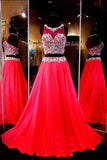 Two Piece Scoop Sleeveless Red Chiffon Prom Dresses With Beading PG278