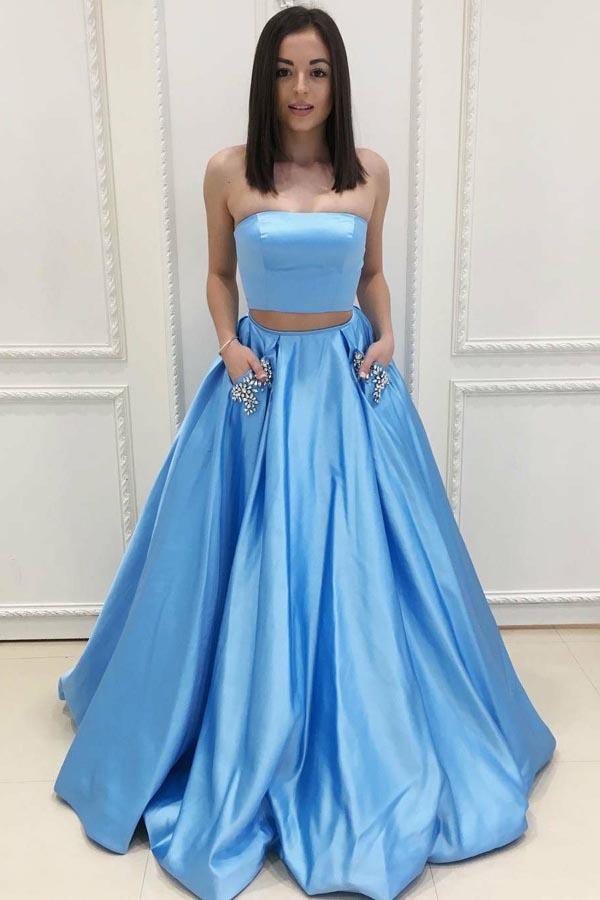 Two Piece Strapless Sweep Train Blue Satin Prom Dresses with Pockets PG479 - Pgmdress