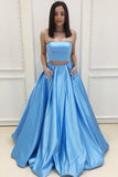 Two Piece Strapless Sweep Train Blue Satin Prom Dresses with Pockets PG479