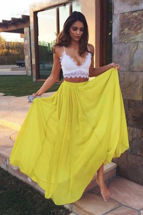 Two Piece Sweetheart Yellow Chiffon Lace Prom Dresses Evening Dresses PG288 - Pgmdress
