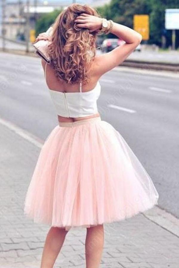 Two Piece Tulle Pink Spaghetti-Strap Sleeveless Homecoming Dresses PG100 - Pgmdress