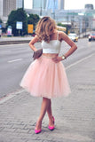 Two Piece Tulle Pink Spaghetti-Strap Sleeveless Homecoming Dresses PG100 - Pgmdress