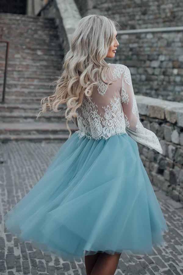 Two Piece Tulle See Through Long Sleeve Lace Homecoming Dress PD208 - Pgmdress