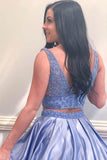 Two Piece V Neck Blue Satin Prom Dress Evening Dress With Beading PSK126 - Pgmdress