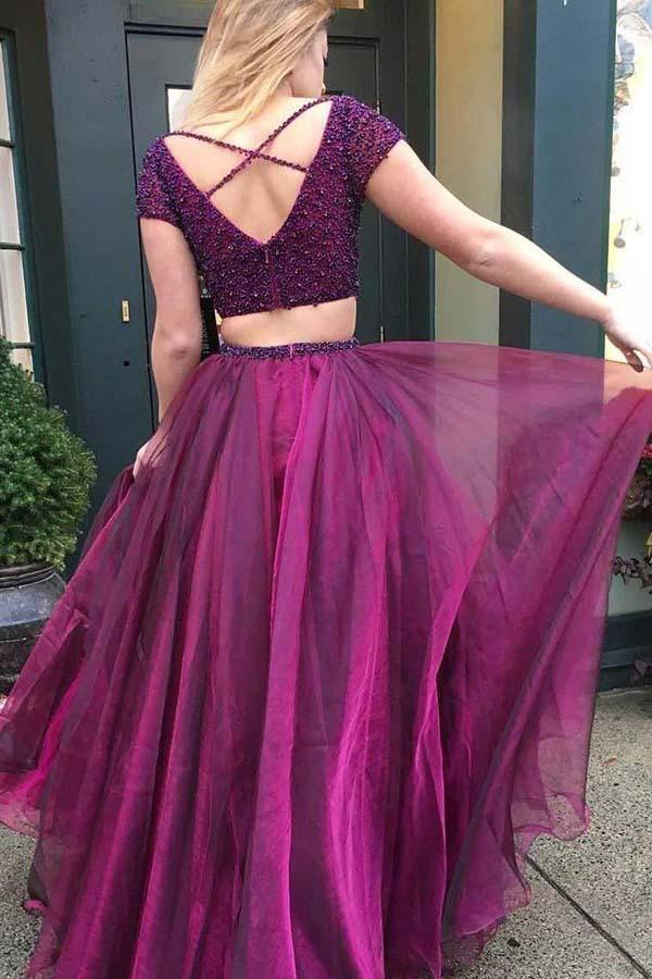 Two Piece V-Neck Short Sleeves Purple Tulle Prom Dress with Beading PG842 - Pgmdress
