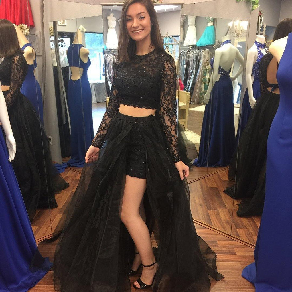 Two Pieces Black A-Line Long Sleeve O-Neck Long Prom Dresses PG912