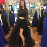Two Pieces Black A-Line Long Sleeve O-Neck Long Prom Dresses PG912 - Pgmdress
