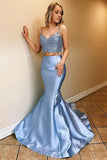 Two Pieces Blue Lace Mermaid Prom Dresses Satin Evening Dresses PSK159