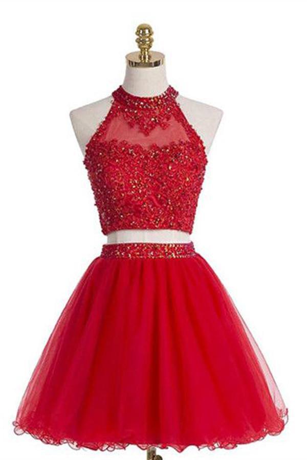 Two pieces Halter Red Sleeveless Homecoming Dress – Pgmdress