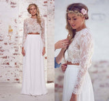 Two Pieces Long Sleeves Lace White Beach Wedding Bridal Dresses WD383 - Pgmdress