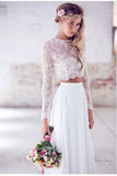 Two Pieces Long Sleeves Lace White Beach Wedding Bridal Dresses WD383 - Pgmdress