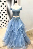 Two Pieces Off Shoulder Short Sleeve Light Blue Lace Prom Dress PG556 - Pgmdress