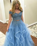 Two Pieces Off Shoulder Short Sleeve Light Blue Lace Prom Dress PG556 - Pgmdress