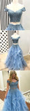 Two Pieces Off Shoulder Short Sleeve Light Blue Lace Prom Dress PG556 - Pgmdress