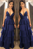 Unique A Line V Neck Spaghetti Straps Navy Satin Long Prom Dresses PG796 - Pgmdress