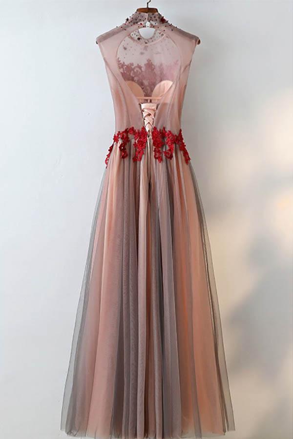 Unique High Neck Black Tulle And Red Lace Sleeveless Prom Dress PG634 - Pgmdress