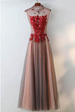 Unique High Neck Black Tulle And Red Lace Sleeveless Prom Dress  PG634