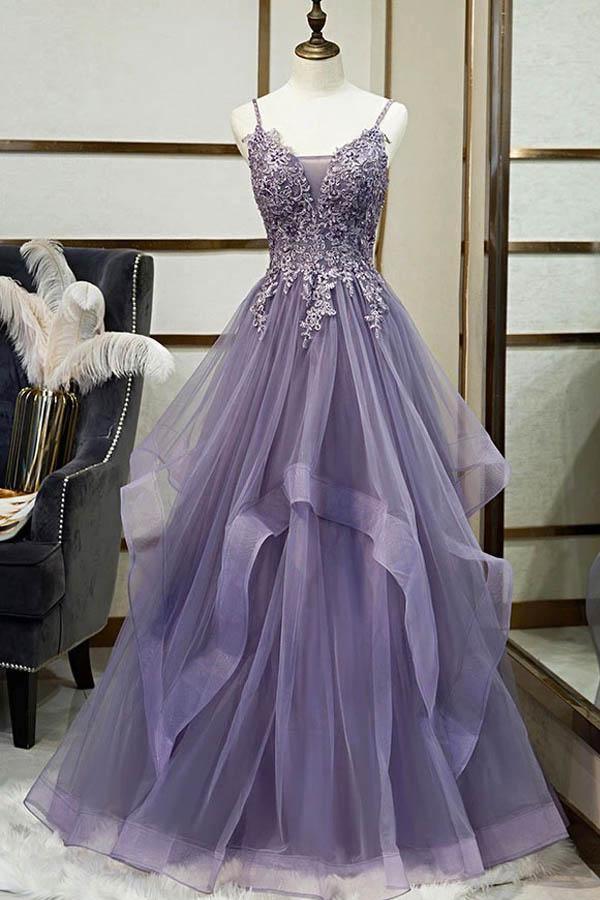 Unique Long Tulle Spaghetti Straps Layered Prom Dress With Lace Applique PSK017 - Pgmdress