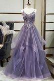 Unique Long Tulle Spaghetti Straps Layered Prom Dress With Lace Applique  PSK017