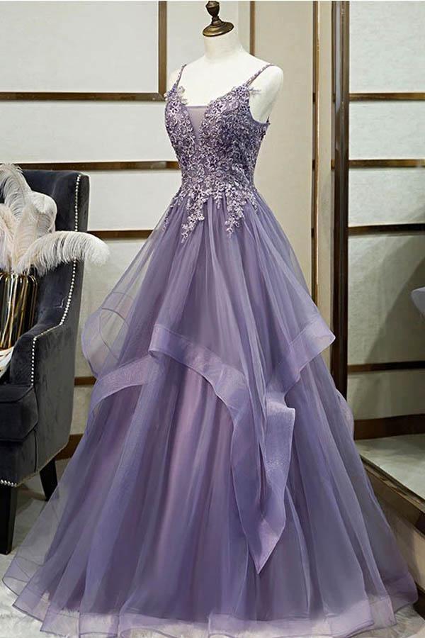 Unique Long Tulle Spaghetti Straps Layered Prom Dress With Lace Applique PSK017 - Pgmdress