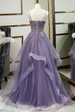 Unique Long Tulle Spaghetti Straps Layered Prom Dress With Lace Applique PSK017 - Pgmdress