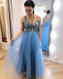 V-Neck Appliques A-Line Prom Dresses Blue Tulle Long Evening Dresses PSK214 - Pgmdress