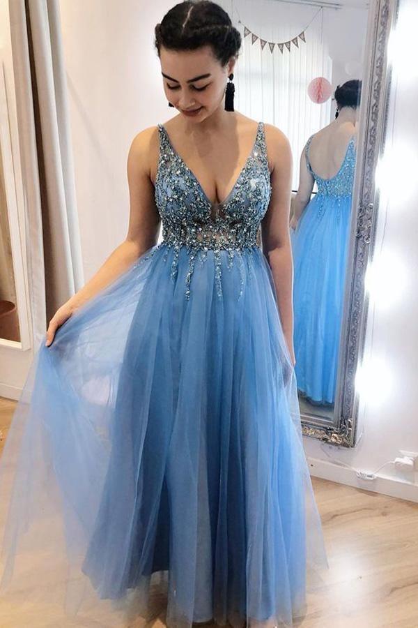 V-Neck Appliques A-Line Prom Dresses Blue Tulle Long Evening Dresses PSK214 - Pgmdress