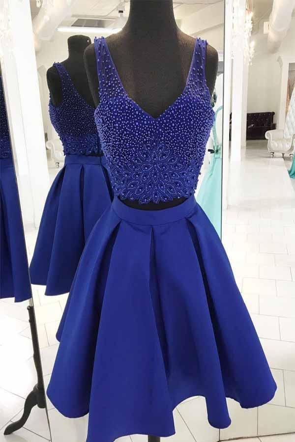 V Neck Beaded Royal Blue Two Piece Short Prom Dress Homecoming Dresses PD162 - Pgmdress