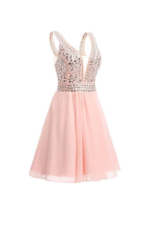 V-neck Beads Chiffon Homecoming Dress Short Prom Dress PG089 - Pgmdress