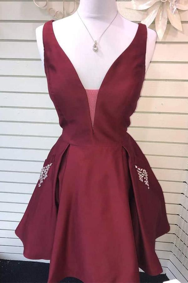 V-Neck Burgundy Satin Cute Homecoming Dress with Pockets PD360 - Pgmdress