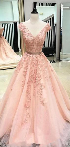 V Neck Cap Sleeves Lace A-line Long Prom Dresses Formal Dresses PG868 - Pgmdress