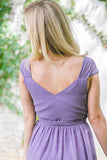 V-Neck Cap Sleeves Lace-Up Purple Long Chiffon Bridesmaid Dress BD042 - Pgmdress