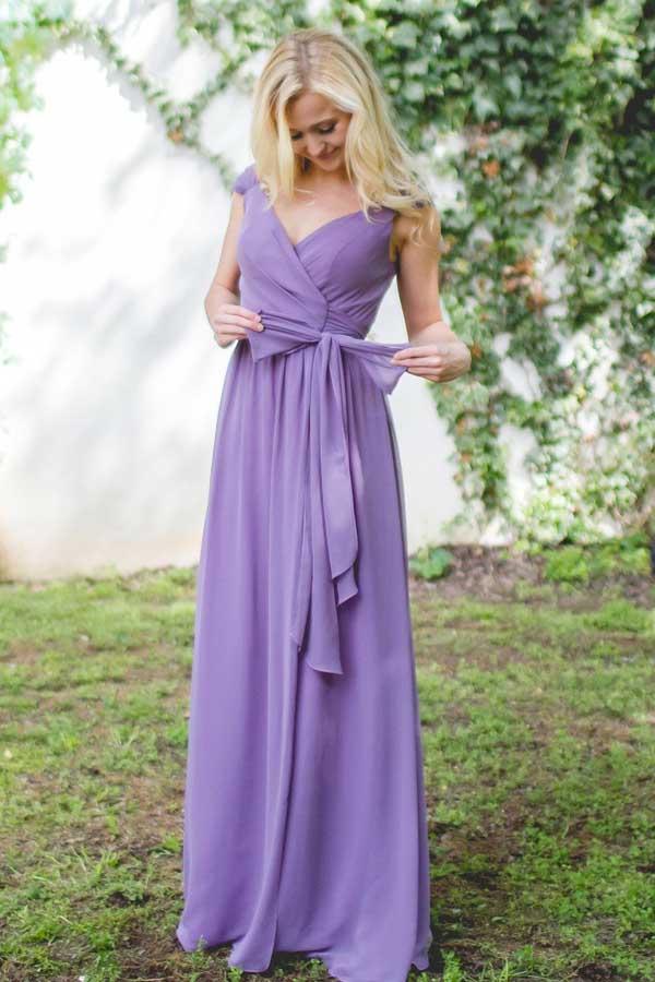 V-Neck Cap Sleeves Lace-Up Purple Long Chiffon Bridesmaid Dress BD042 - Pgmdress