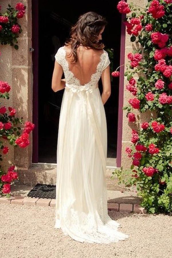 Lace Bodice V Neck Bridal Dresses White Backless A Line Wedding Dress –  Pgmdress
