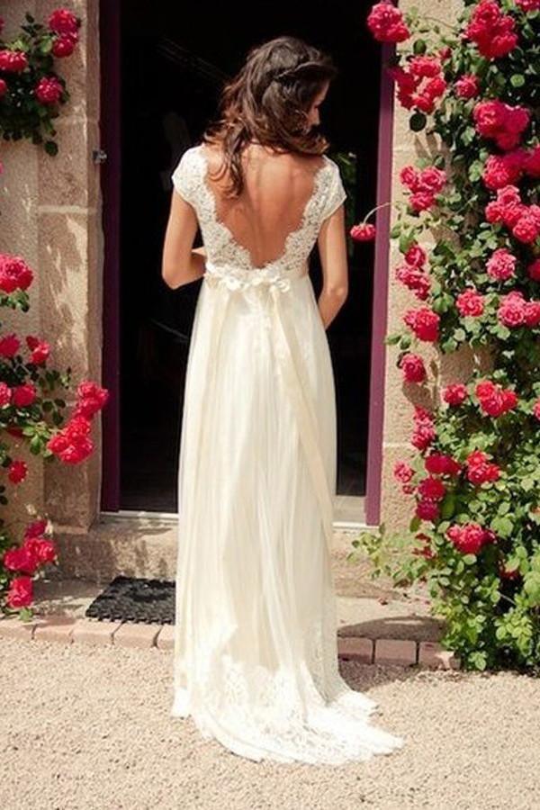 V-neck Cap Sleeves Sweep Train Backless Wedding Dress With Sash WD011 - Pgmdress