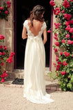 V-neck Cap Sleeves Sweep Train Backless Wedding Dress With Sash WD011 - Pgmdress