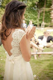 V-neck Cap Sleeves Sweep Train Backless Wedding Dress With Sash WD011 - Pgmdress
