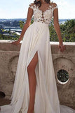 V-neck Cap Sleeves Sweep Train Ivory Wedding Dress with Appliques WD002 - Pgmdress