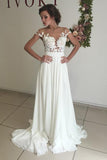 V-neck Cap Sleeves Sweep Train Ivory Wedding Dress with Appliques WD002 - Pgmdress