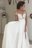 V-neck Cap Sleeves Sweep Train Ivory Wedding Dress with Appliques WD002 - Pgmdress