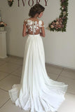 V-neck Cap Sleeves Sweep Train Ivory Wedding Dress with Appliques WD002 - Pgmdress