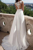 V-neck Cap Sleeves Sweep Train Ivory Wedding Dress with Appliques WD002 - Pgmdress