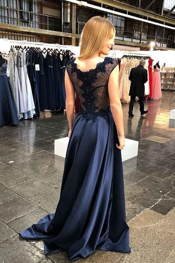 V-neck Cap Sleeves Sweep Train Navy Prom Party Dress with Appliques PM212 - Pgmdress
