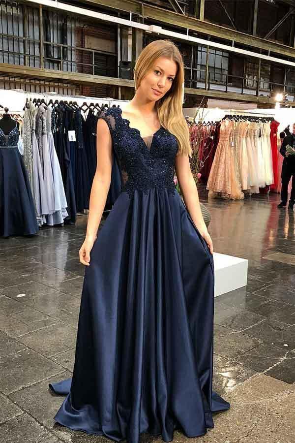 V-neck Cap Sleeves Sweep Train Navy Prom Party Dress with Appliques PM212 - Pgmdress