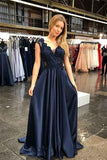 V-neck Cap Sleeves Sweep Train Navy Prom Party Dress with Appliques PM212 - Pgmdress