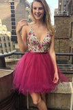 V Neck Embroidery Backless Homecoming Dresses Short Prom Dress PD361 - Pgmdress